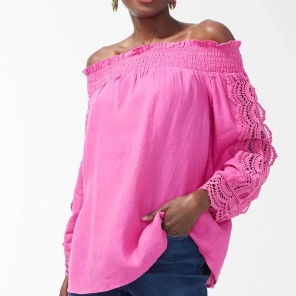 Chico's Pink Off-Shoulder Linen cut work Sleeve Top
